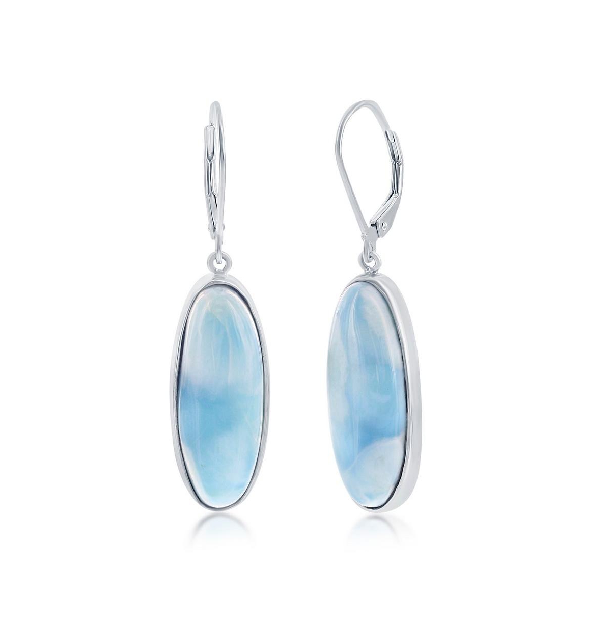Sterling Silver Bezel-Set Oval Larimar Dangling Leverback Earrings - Blue