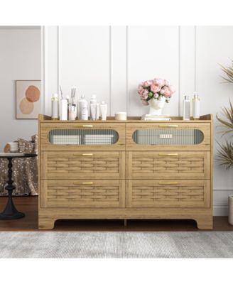 Elegant 6-Drawer Dresser with Woven Wood Cabinet Top and Gold Handles