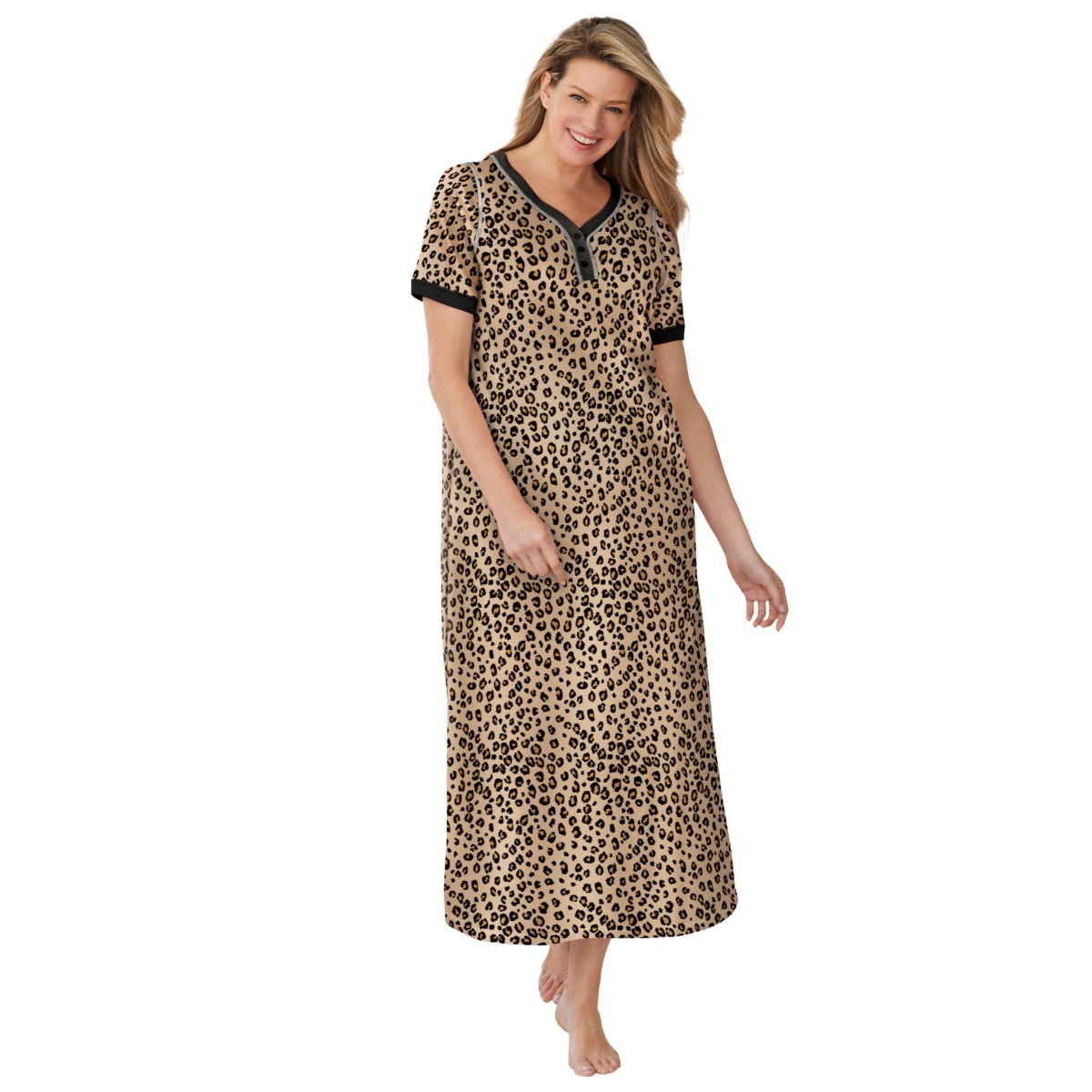 Plus Size Long Henley Sleepshirt - Black multi floral