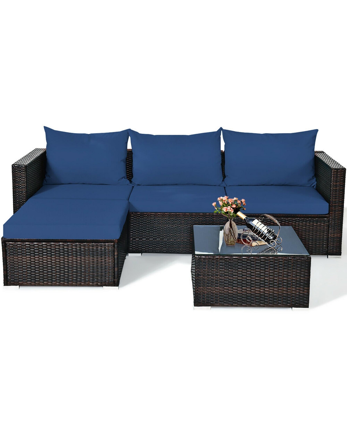 5PCS Patio Rattan Furniture Set Sectional Conversation Sofa w/ Coffee Table