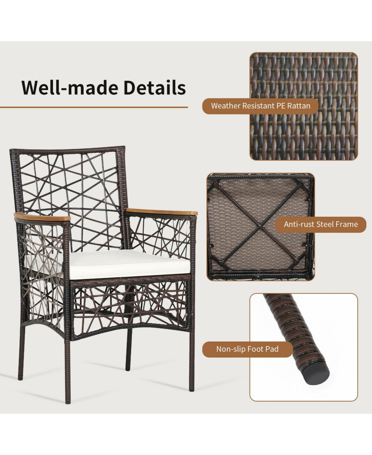 Slickblue 2 Pieces Pe Wicker Patio Bistro Dining Chairs with Acacia Wood Armrests and Cushions