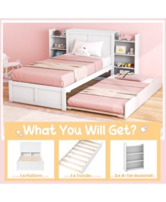 Twin Kids Wooden Platform Bed with Trundle Storage Headboard-Twin Size