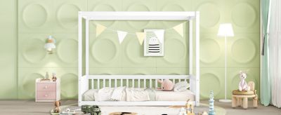 Twin Size Canopy Frame Floor Bed with Fence, Guardrails