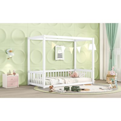 Twin Size Canopy Frame Floor Bed with Fence, Guardrails