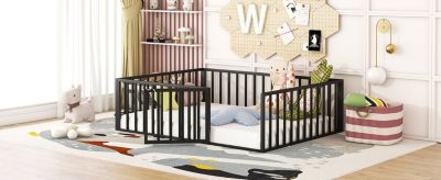 Full Size Metal Floor Bed Frame with Fence and Door