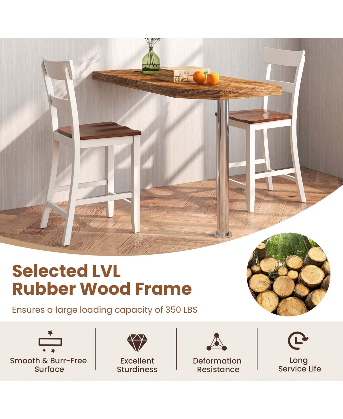 Costway Wooden Bar Stool Set of 4 Bar Chairs with Lvl Rubber Wood Frame, Backrest, Footrest