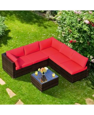 6PCS Patio Rattan Furniture Set Cushioned Sofa Coffee Table Garden