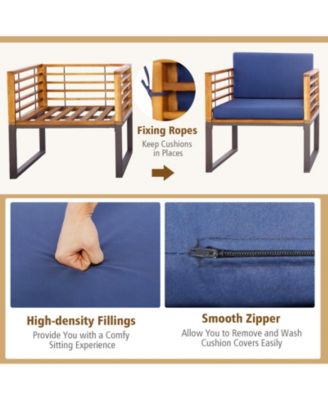 3 Pieces Patio Acacia Wood Conversation Set with Cushioned Armchairs-Navy