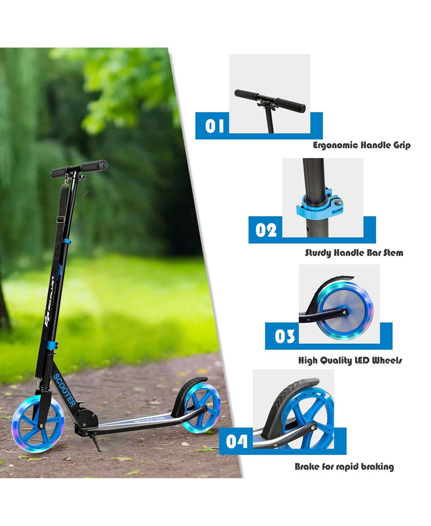 Детская игрушка Costway Folding Kick Scooter with LED Wheels, 220 Lb Capacity, Ages 5-14, цвет: Синий — фото 7