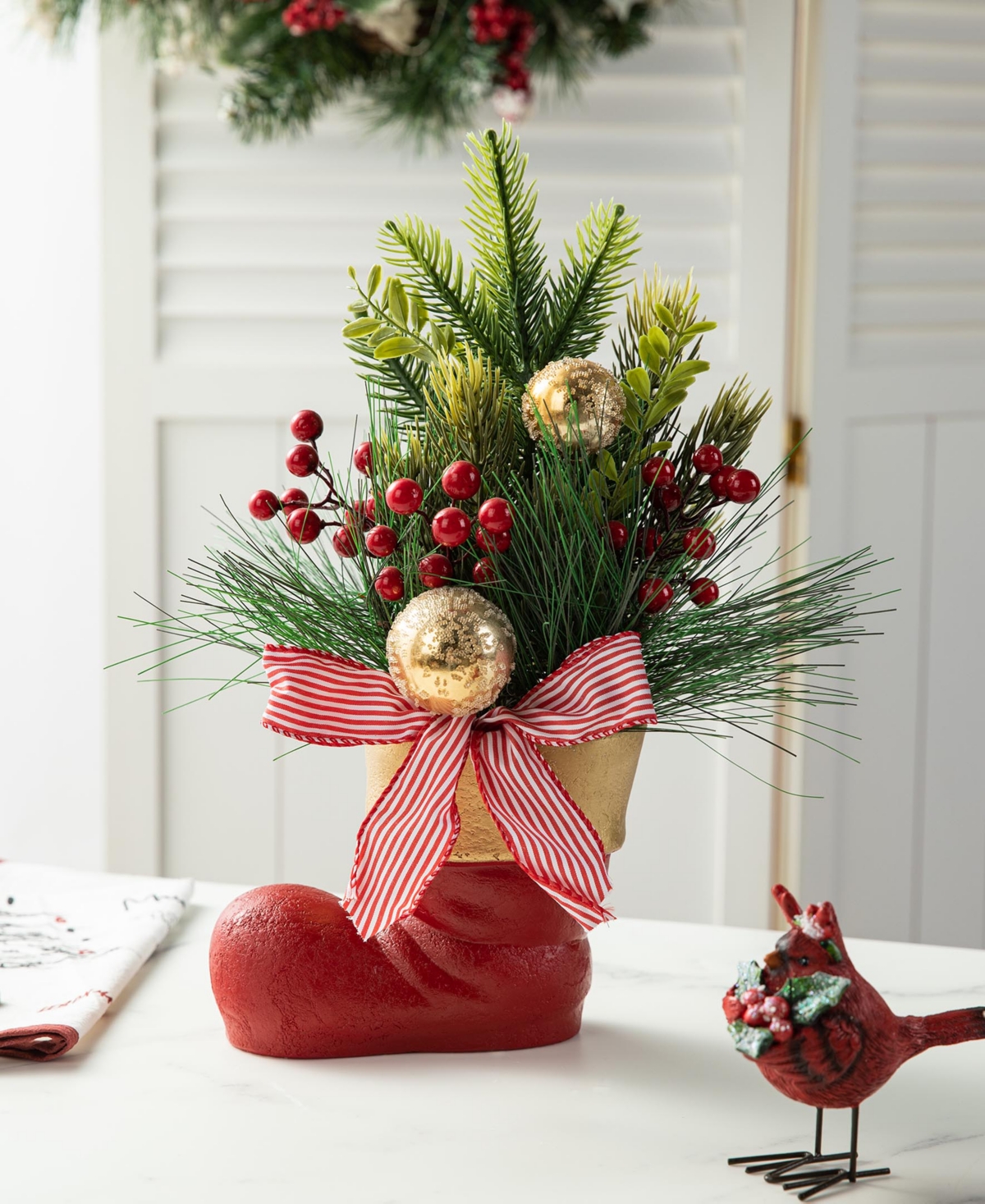 Glitzhome 14 H Christmas Red Boot With Pine Needle Berry Centerpiece In Multi