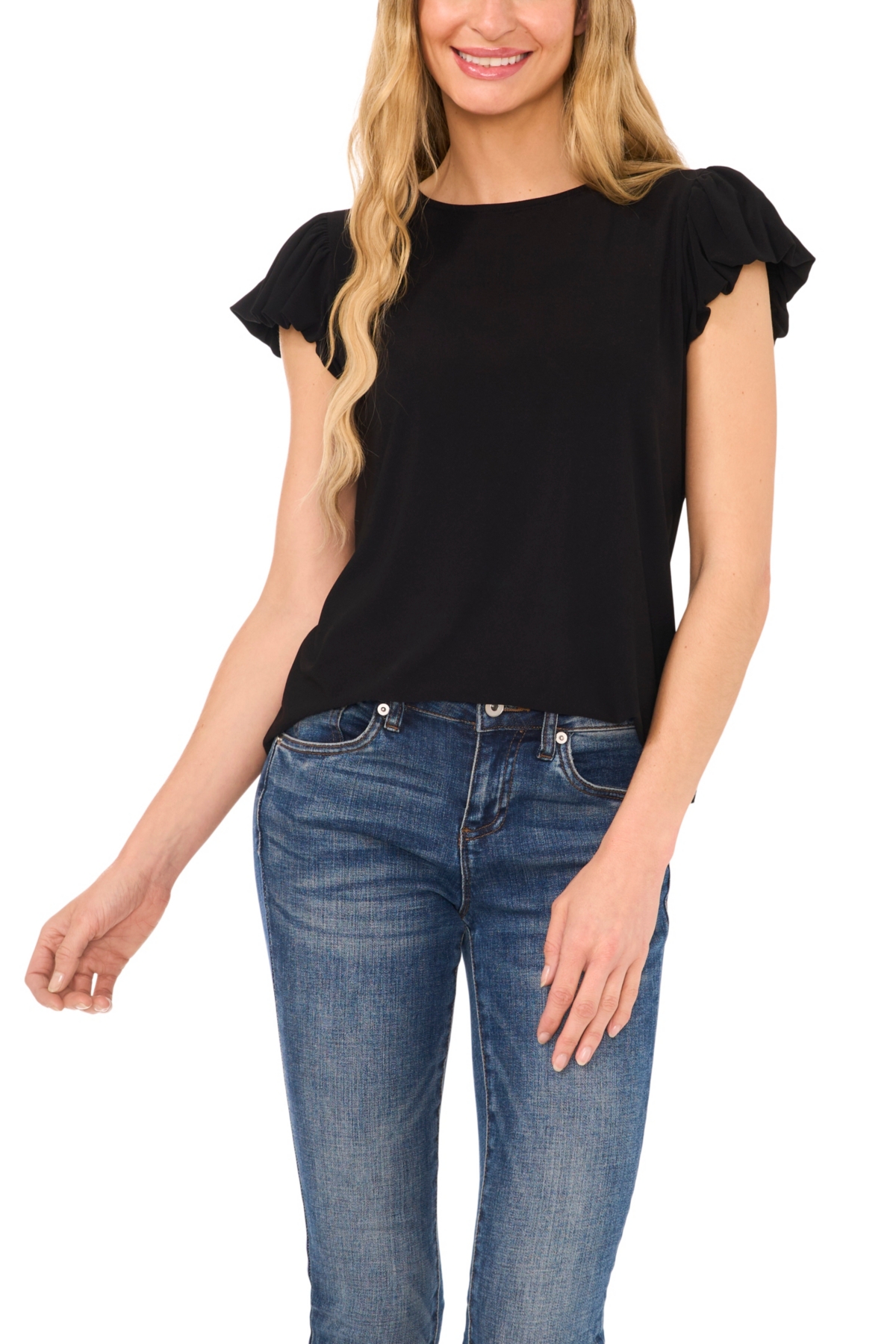 Women's Date Night Cap Bubble Sleeve Tee with Bow Tie Back - Rich Black