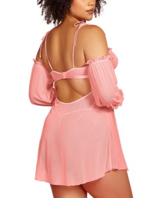Plus Size 2PC Babydoll Lingerie Set in Sheer Soft Mesh and Attached off the Shoulder Sleeves