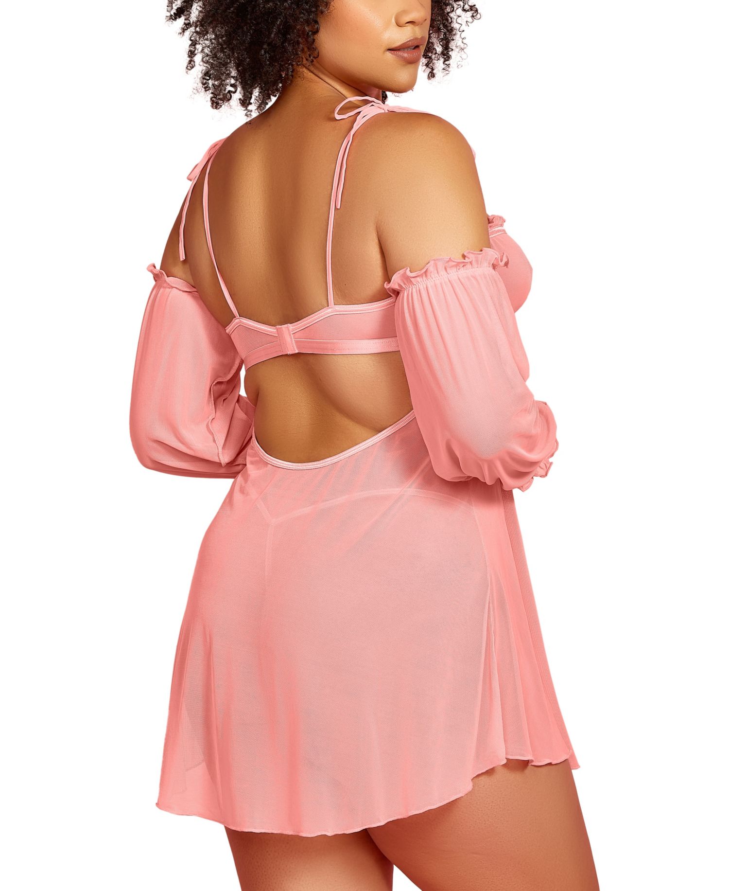 Plus Size 2-Piece Babydoll Lingerie Set in Sheer Soft Mesh and Attached off the Shoulder Sleeves