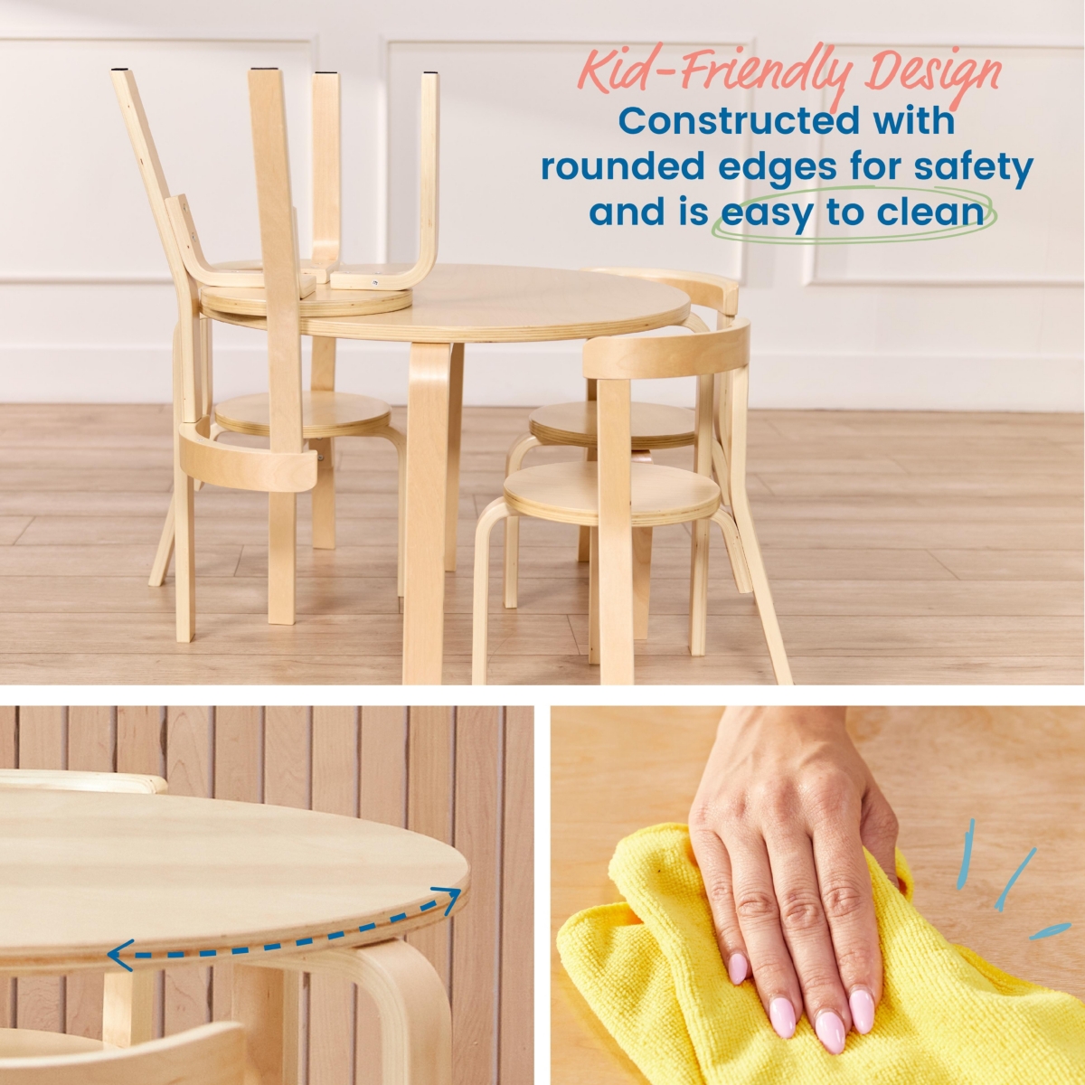 ECR4Kids Bentwood Round Table and Curved Back Chair Set, Earthtone, 5-Piece