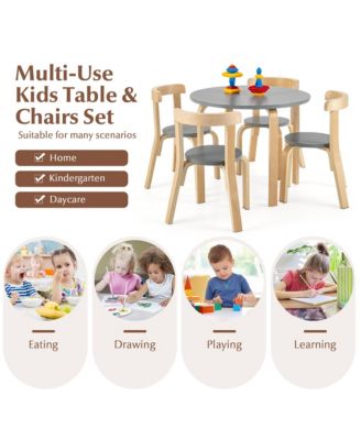 5-Piece Kids Wooden Curved Back Activity Table and Chair Set with Toy Bricks