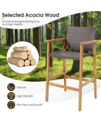 PE Wicker Patio Bar Chairs with Acacia Wood Armrests-Set of 2