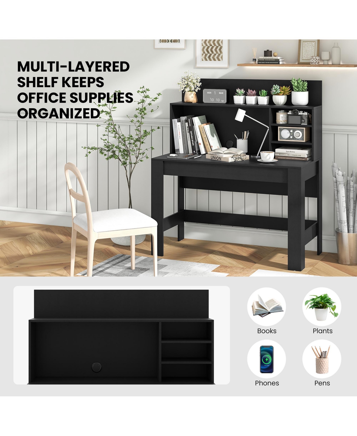 Gymax Home Office Computer Desk Study Table Writing Workstation Hutch Cable Hole- Black