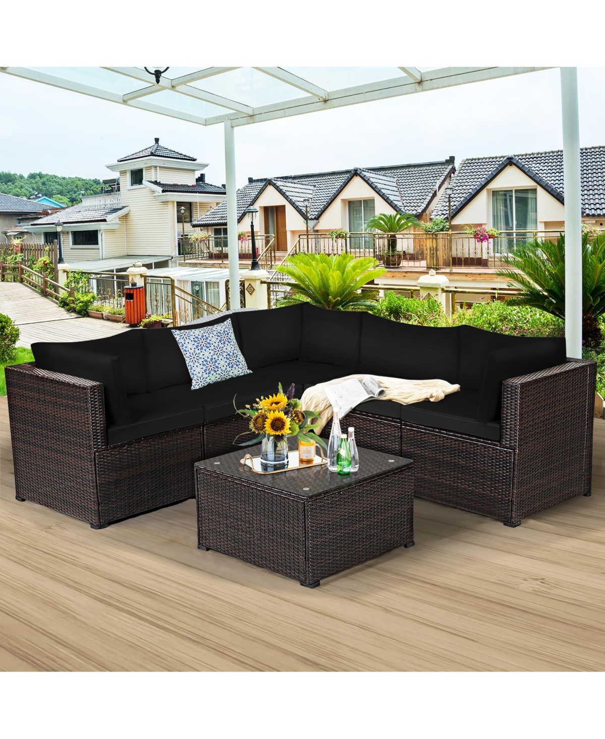 6PCS Patio Rattan Furniture Set Sectional Cushioned Sofa Deck
