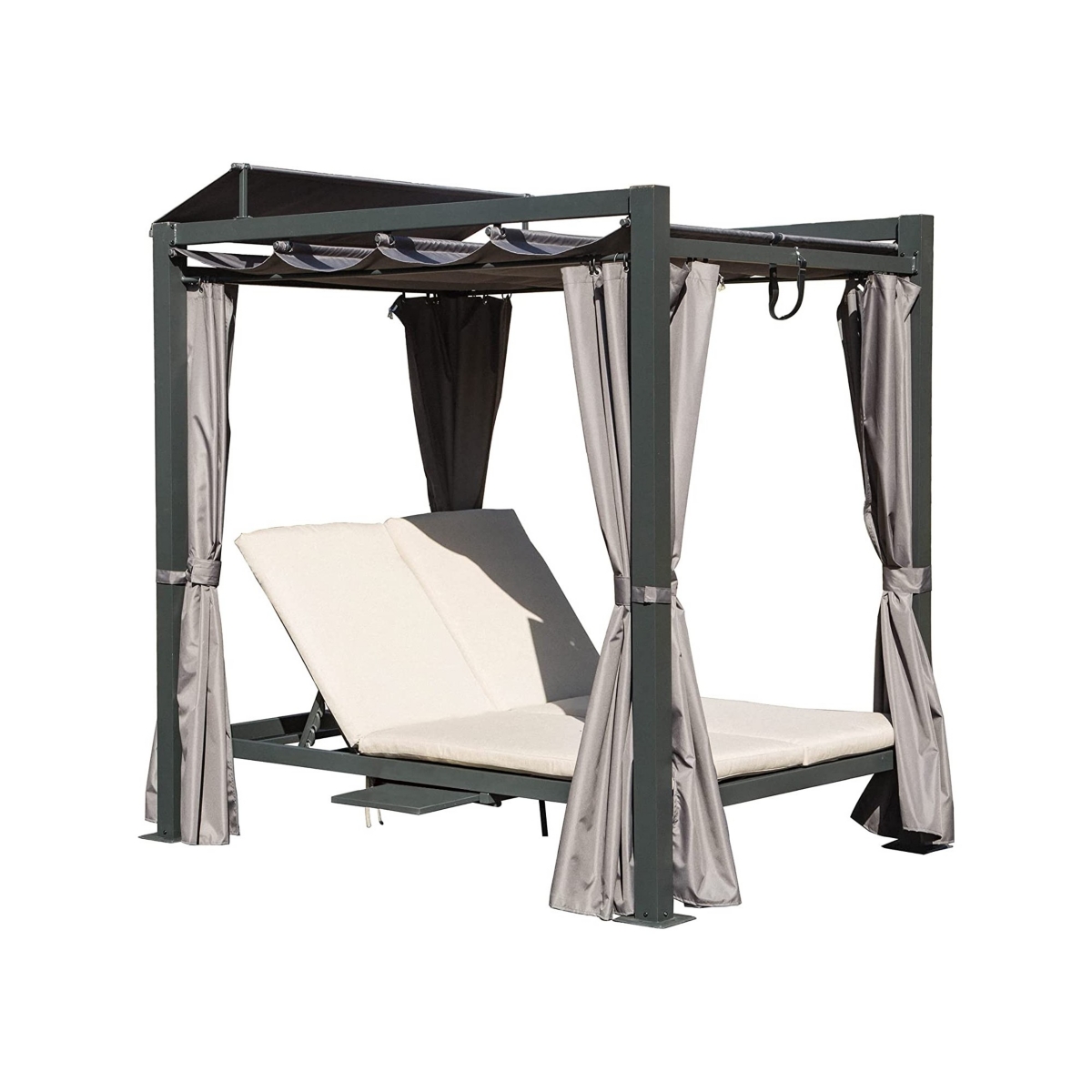 Outdoor Double Chaise Daybed with Canopy & Cup Holder - Grey