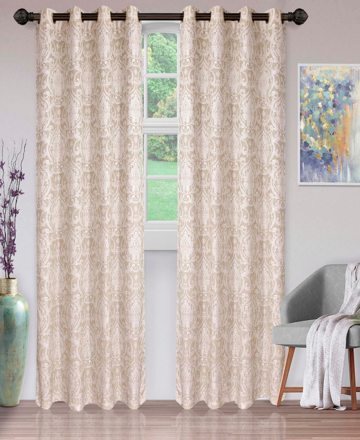 Superior Lotus Jacquard Classic Floral Damask Window Curtain Panel Set with Grommet Header, 52 X 96