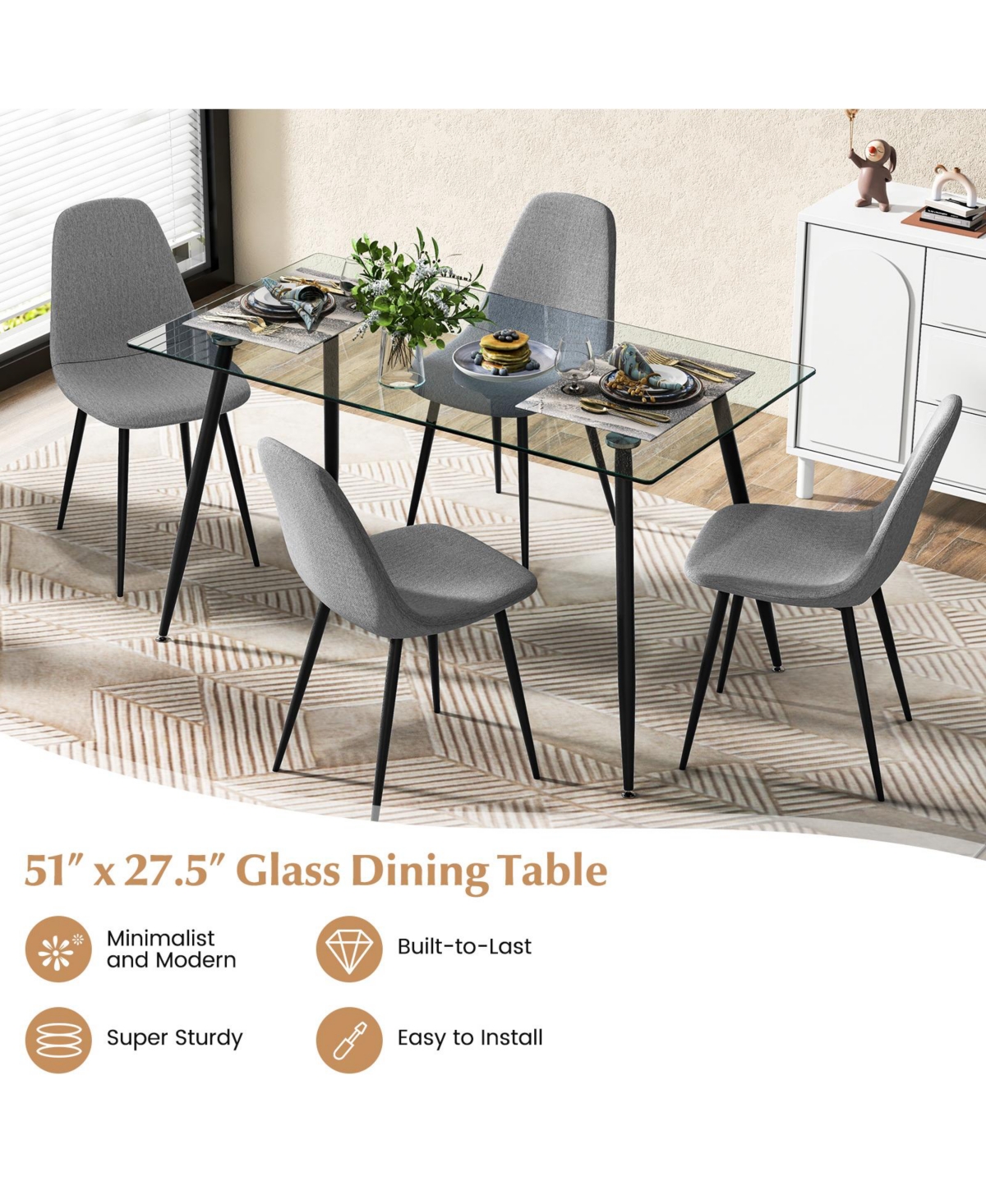 Slickblue Modern Glass Rectangular Dining Table with Metal Legs