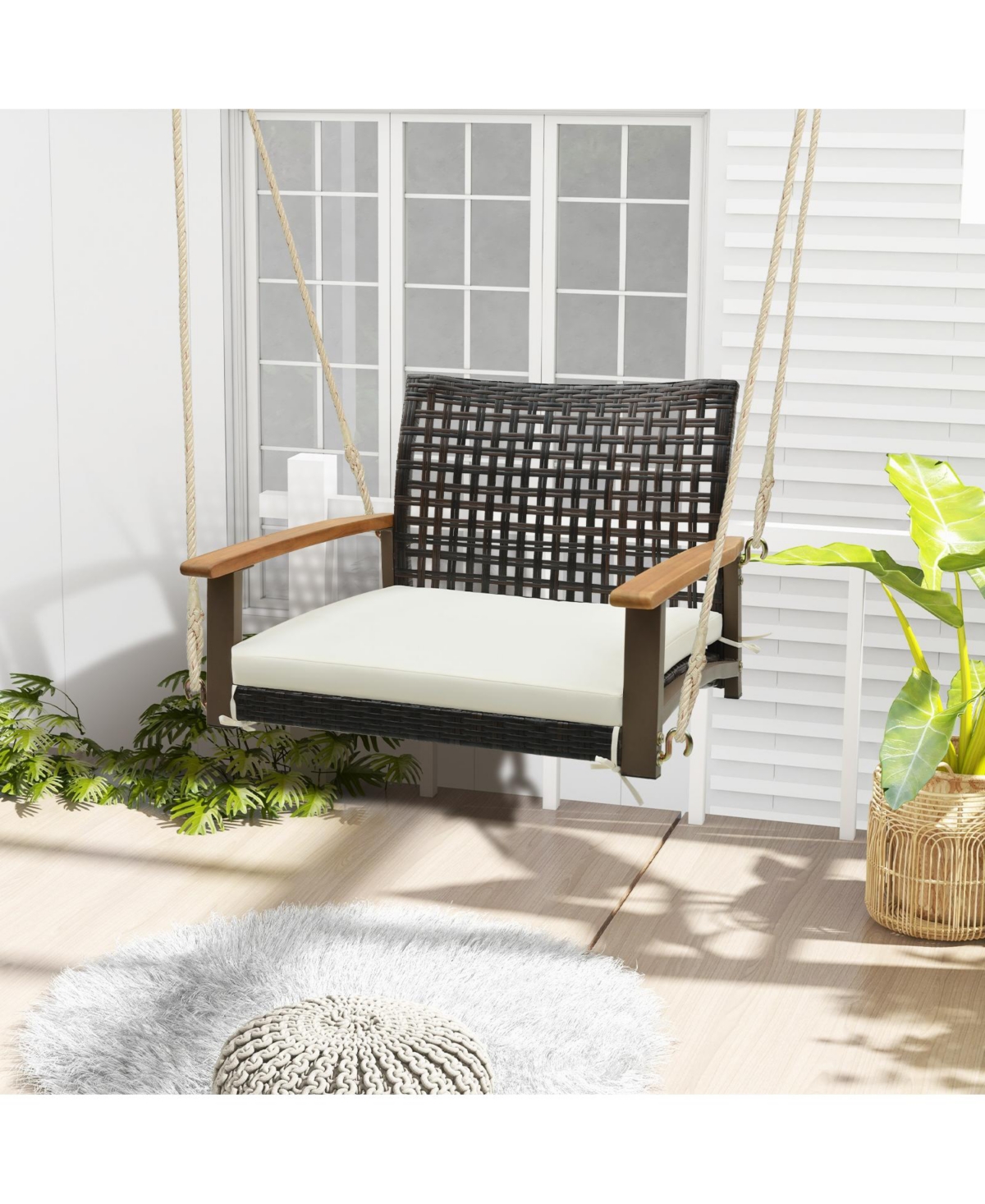 Slickblue Single Rattan Porch Swing with Armrests Cushion and Hanging Ropes- White