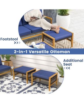 Patio Acacia Wood Ottomans with Cushions and Versatile Rattan Woven Footstools