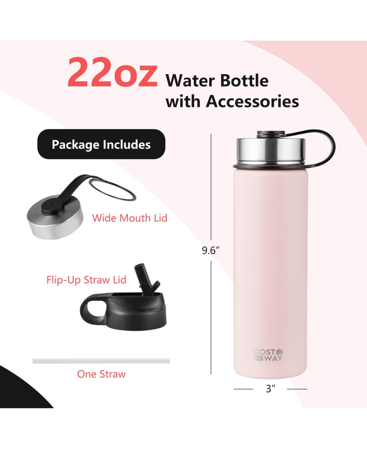 Slickblue 22 Oz Double-walled Insulated Stainless Steel Water Bottle with 2 Lids and Straw