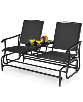2-Person Double Rocking Loveseat with Mesh Fabric and Center Tempered Glass Table