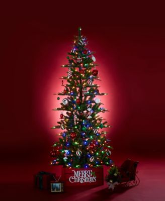 7.5ft Pre Lit Green Slim Fir Artificial Christmas Tree with 350 strawberry Lights,9 Functional Warm White Multi color, remote controller