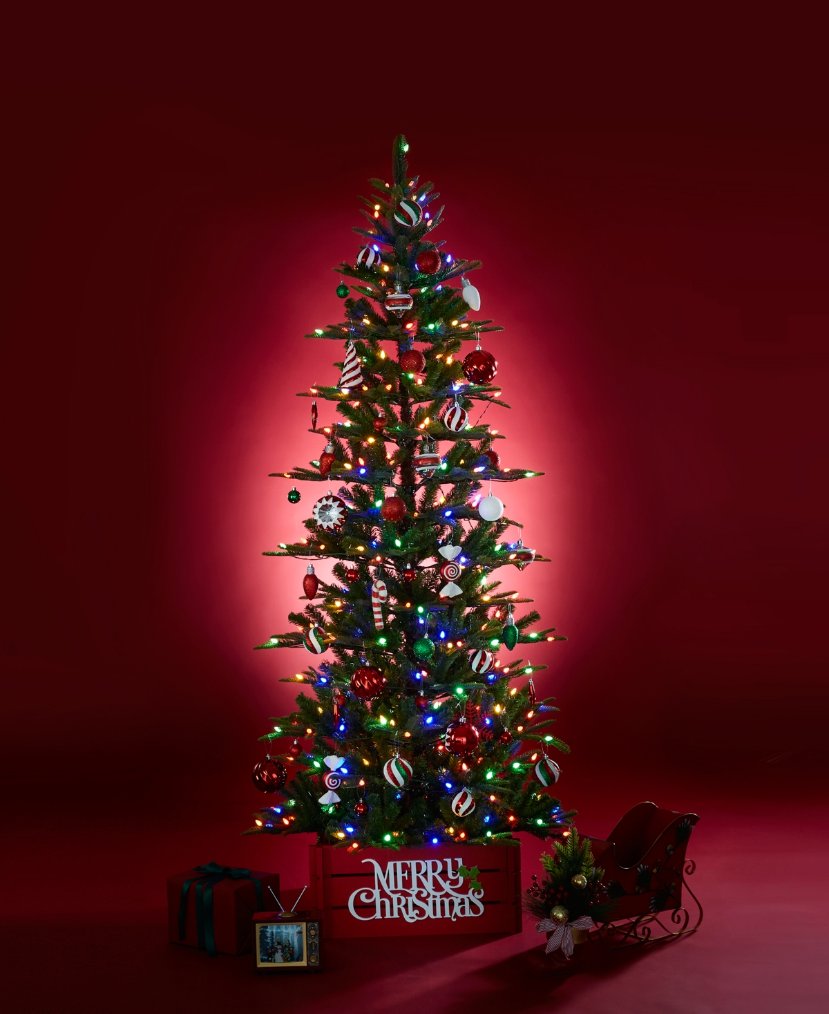 Glitzhome 7.5ft Pre Lit Green Slim Fir Artificial Christmas Tree With 350 Strawberry Lights,9 Functional Warm In Multi