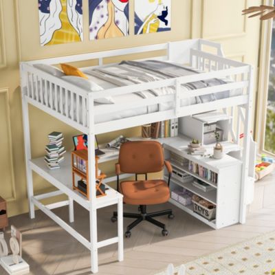Streamdale Loft Bed with Desk, Shelves, and Staircase, Gray