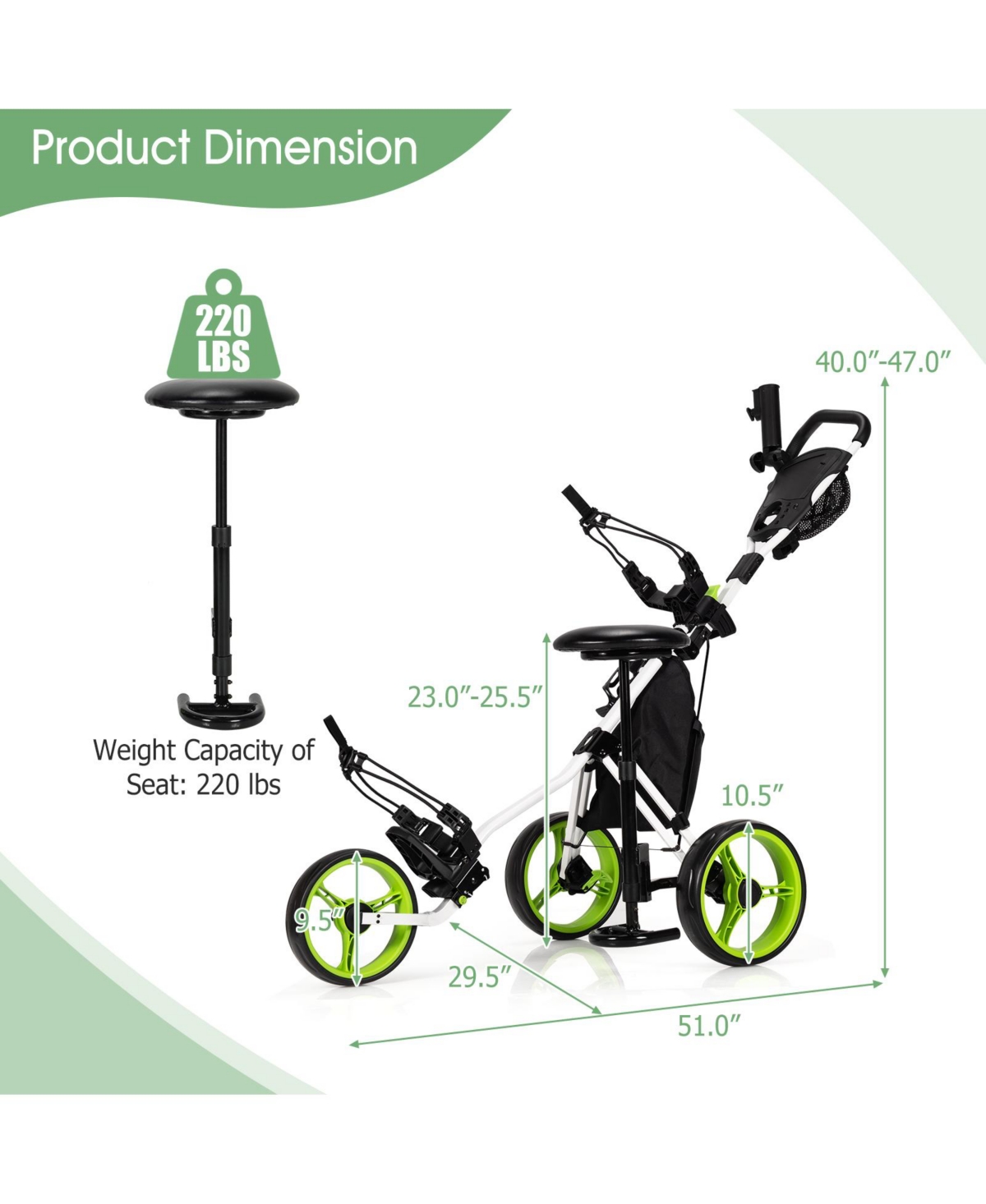 Slickblue 3 Wheel Folding Golf Push Cart with Seat Scoreboard and Adjustable Handle