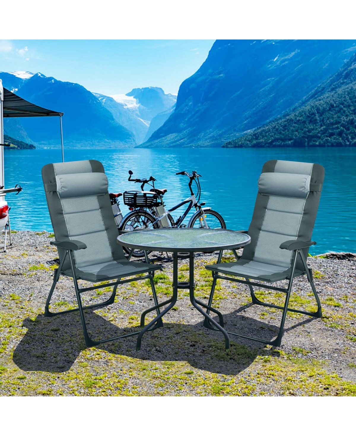 Slickblue Set of 2 Patiojoy Patio Folding Dining Chair with Ottoman Set Recliner Adjustable- Grey