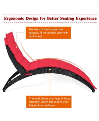 Foldable Rattan Wicker Chaise Lounge Chair w/ Red Cushion Patio Outdoor