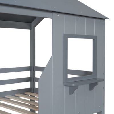 Streamdale Gray Bunk Bed with Roof, Window, and Guardrail