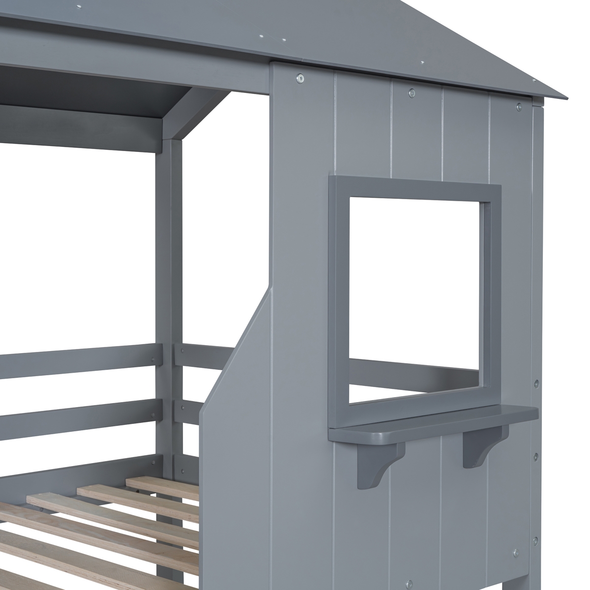 Streamdale Gray Bunk Bed with Roof, Window, and Guardrail