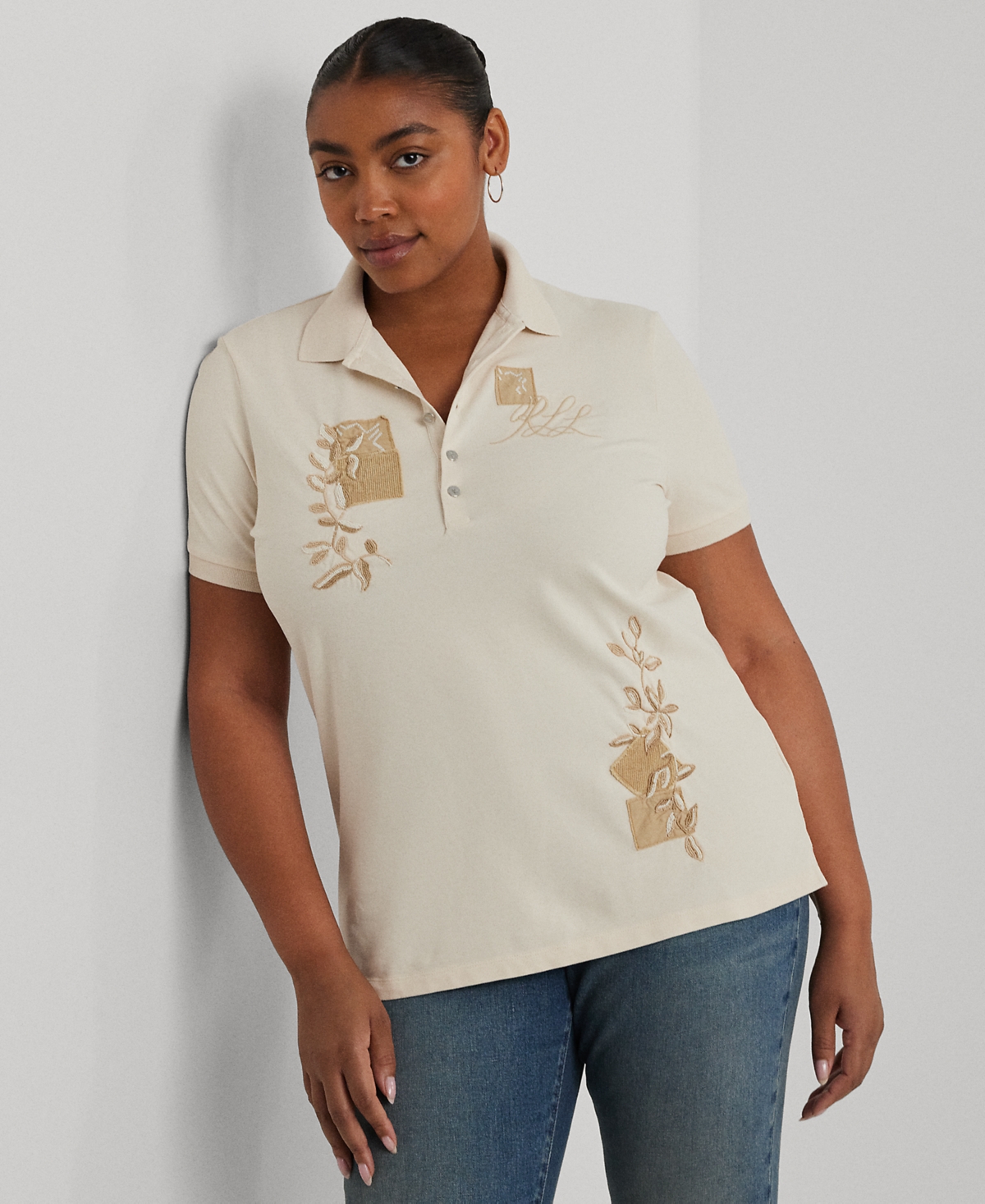Plus Size Embroidered Polo Shirt - Winter Cream