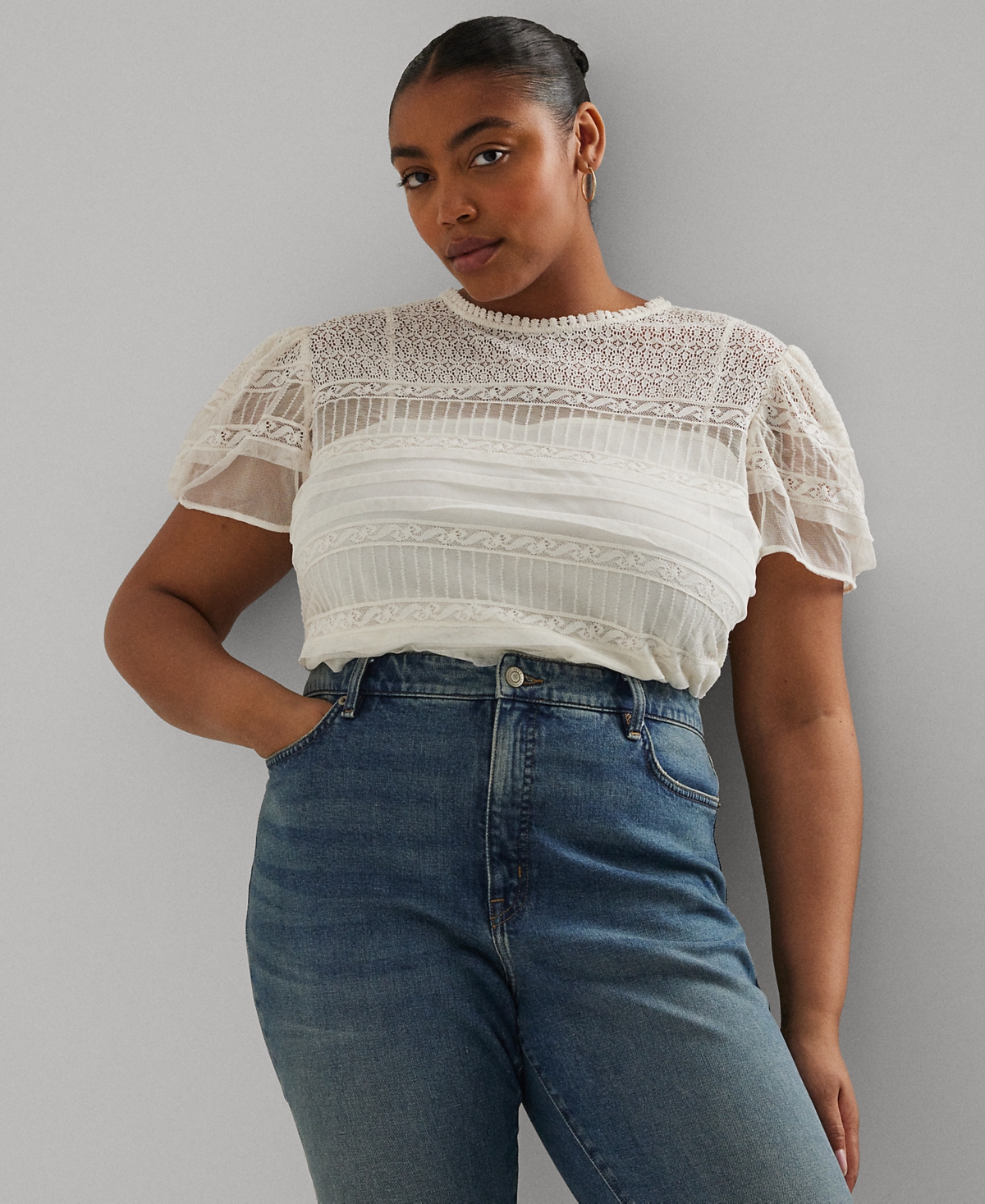 Plus Size Lace Puff-Sleeve Top - Winter Cream