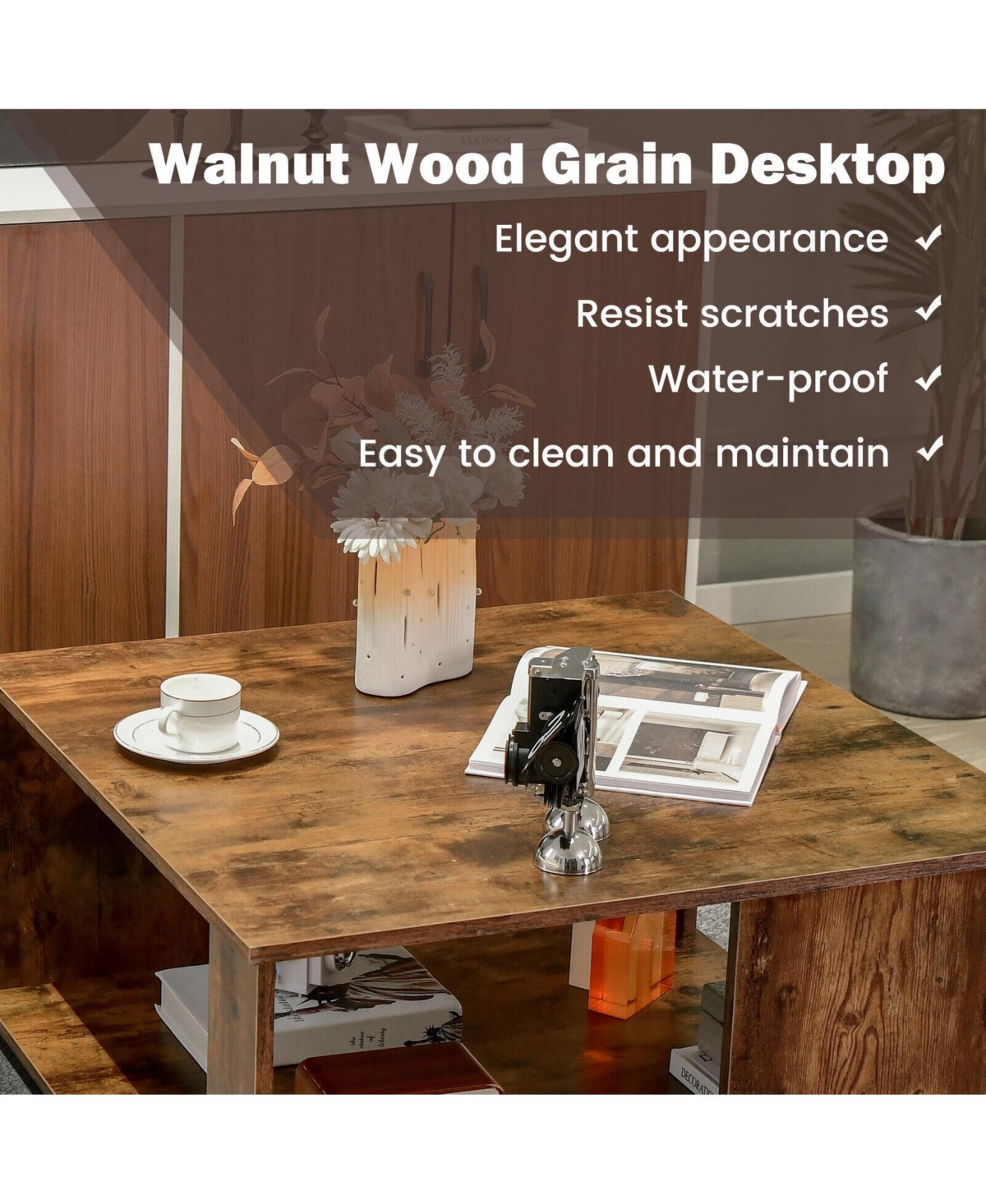 Slickblue 2 Tiers Square Coffee Table with Storage and Non-Slip Foot Pads- Rustic Brown