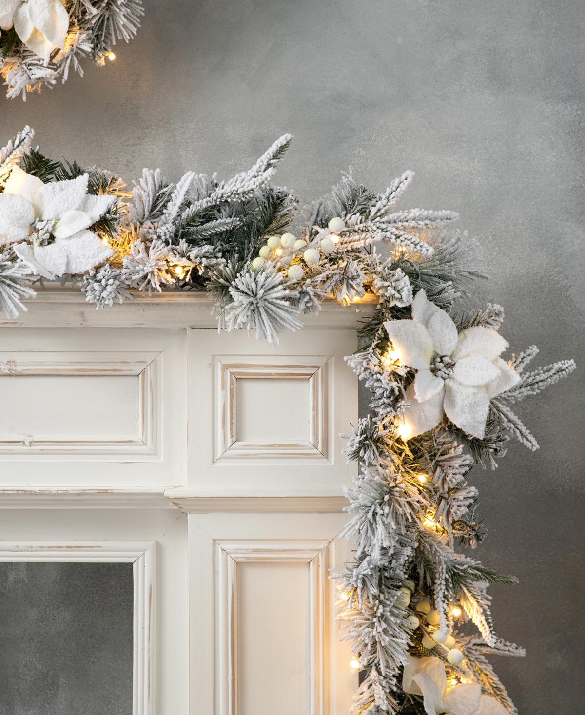 Glitzhome 9' Pre-lit Snow Flocked Greenery Pine Poinsettia Christmas Garland With 50 Warm White Lights Set, 2 In Multi