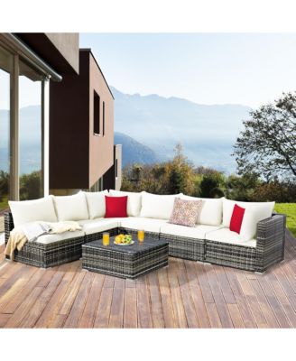 7PCS Patio Rattan Furniture Set Sectional Sofa Garden