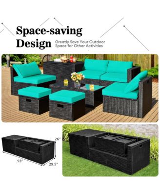 8PCS Patio Rattan Furniture Set Storage Table Ottoman