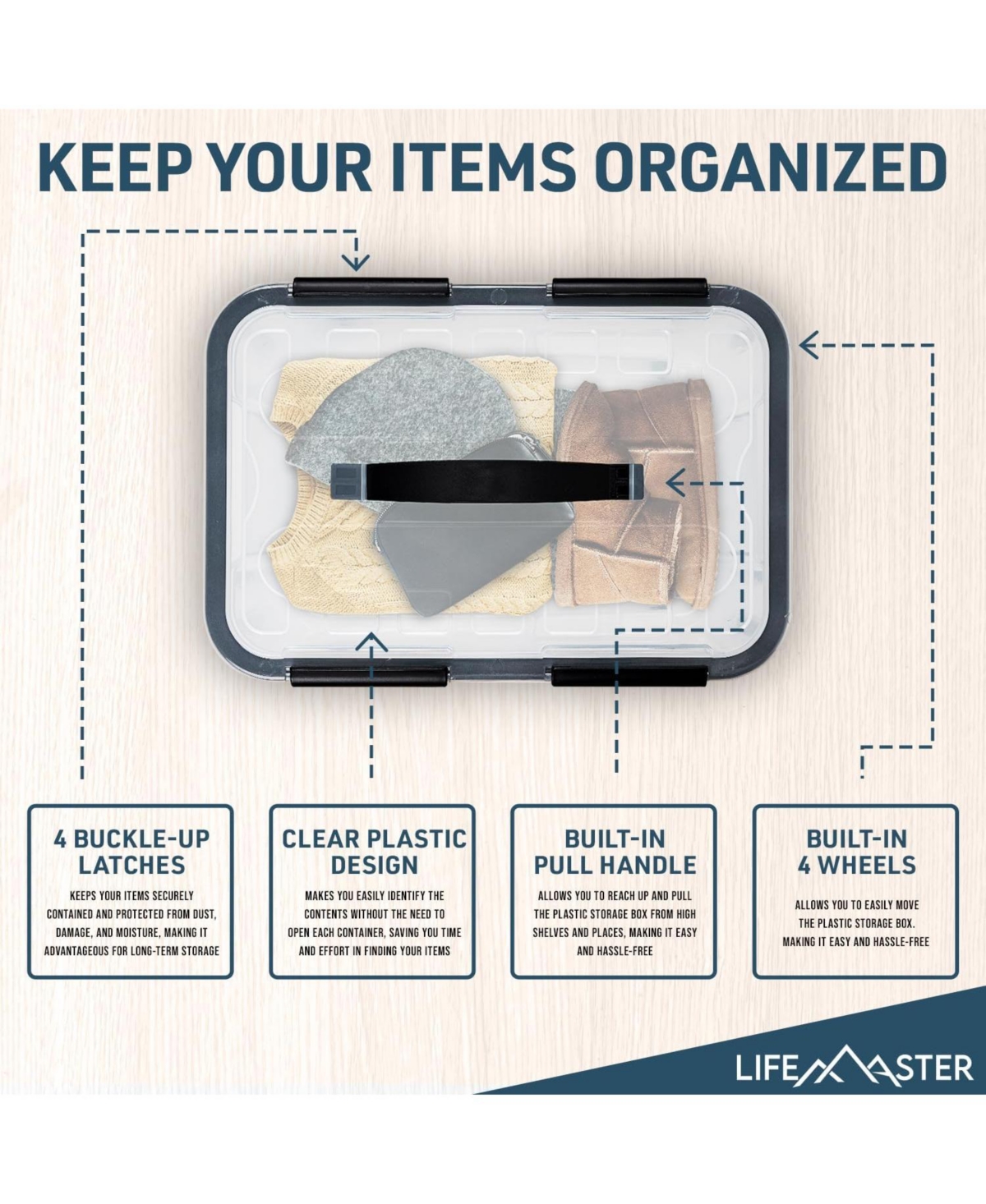Lifemaster 6-Pack 32QT Stackable Storage Boxes - Clear Plastic with Black Seal, Modular Design, Secure Latches, Easy-Move Wheels & Pull-Out Base for P