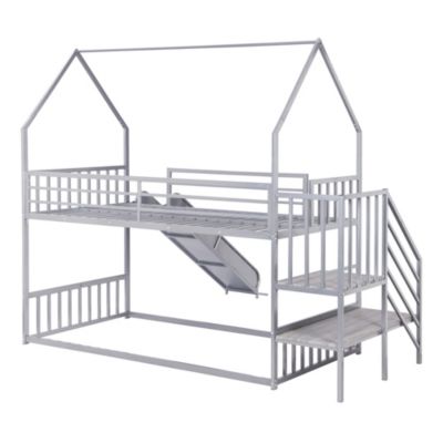 Twin Size Metal Bunk Bed House Bed With Slide And Staircase