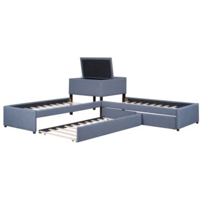 Upholstered Platform Bed with Trundle and Desk