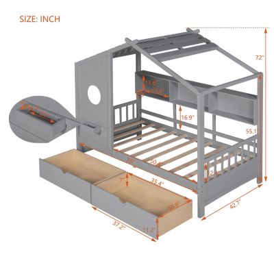Streamdale Wooden Twin Size House Bed With 2 Drawers, Kids Bed With Storage Shelf