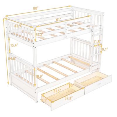 Twin Over Twin White Wooden Ladder Storage Bunk Bed