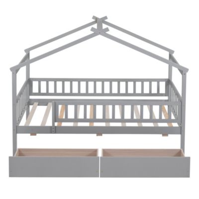 Twin Size Wooden House Bed With Two Drawers, Natural