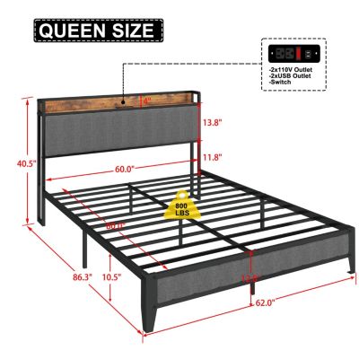 Streamdale Queen Bed Frame with Charger, Upholstered Grey Headboard